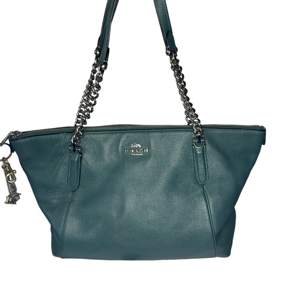 COACH -  Ava Vintage Chain Tote Purse Dark Teal Pebbled Leather Silver Chain